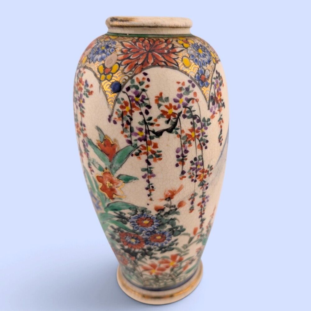 Japanese Satsuma Vase 5" Floral Crackle Glaze Shimazu Crest Gyozan Style Mark